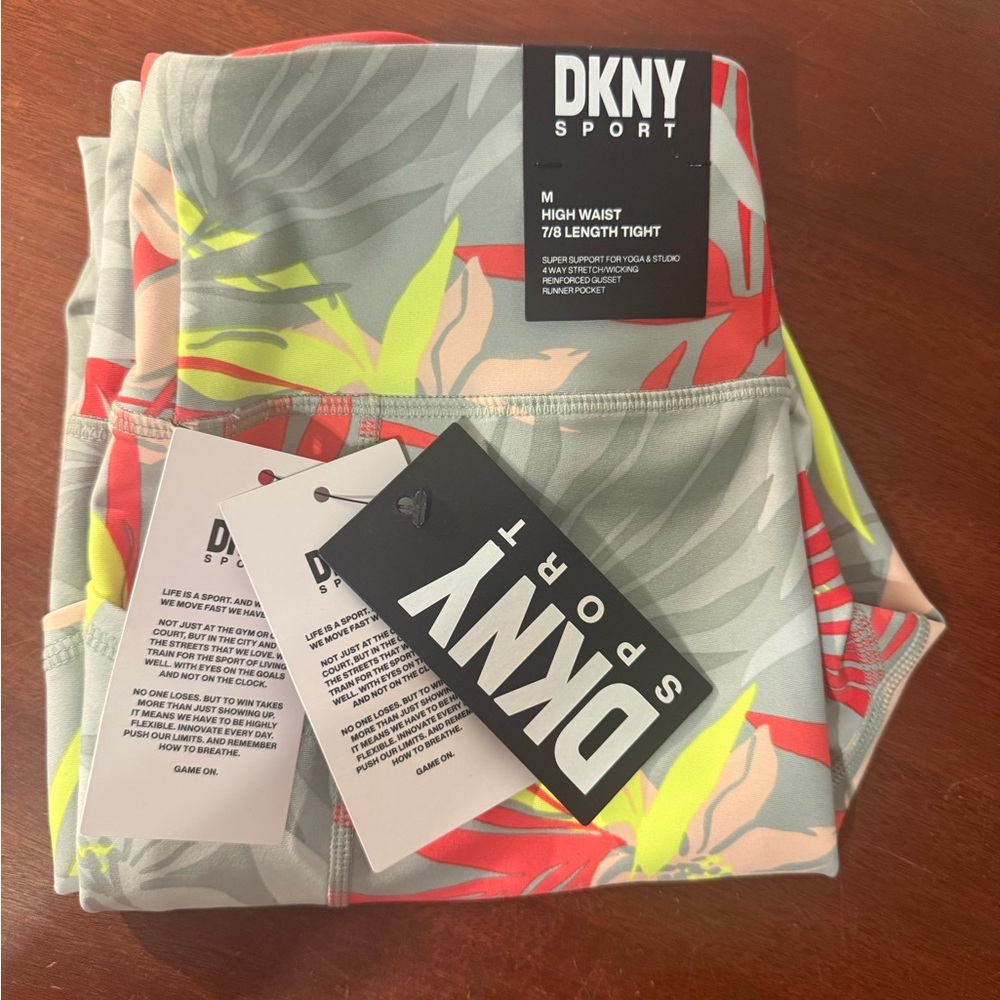 NWT DKNY Sport High Waist 7/8 Leggings - Gray and Neon Pink & Yellow MED